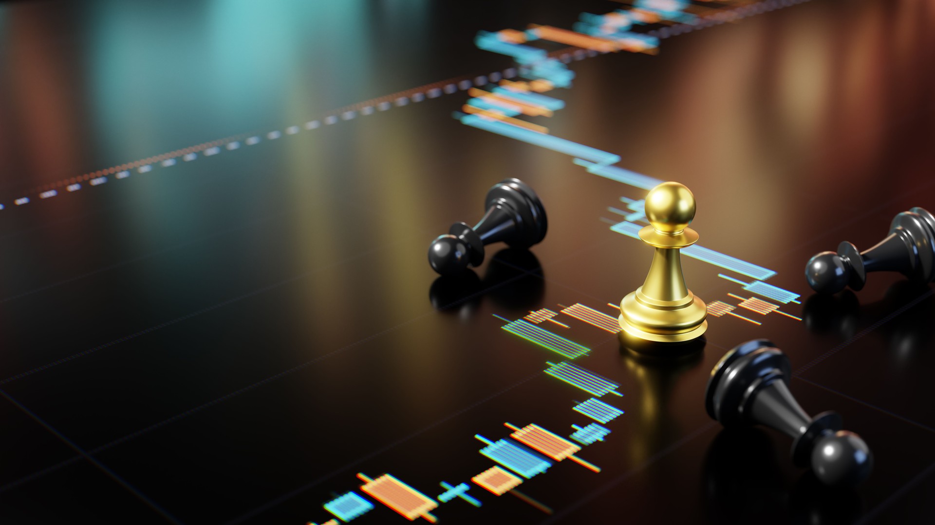 Golden Chess Pawn on Black Background with Financial Chart Elements